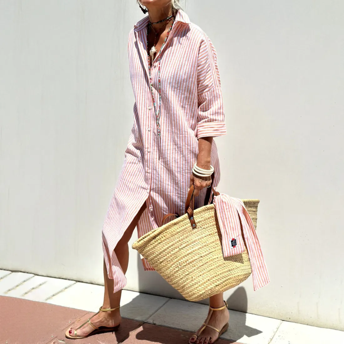 Women's Casual Stripe Printed Lapel Long Sleeve Loose Shirt Dress