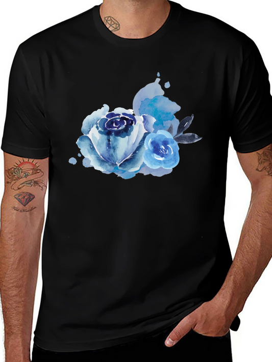 Blue Watercolor Floral Print T-Shirt