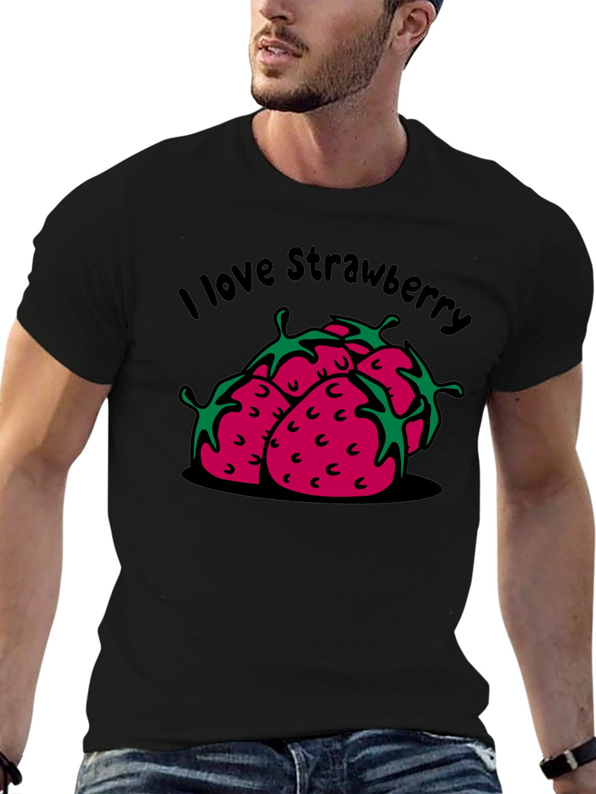 I Love Strawberry Black Graphic T-Shirt