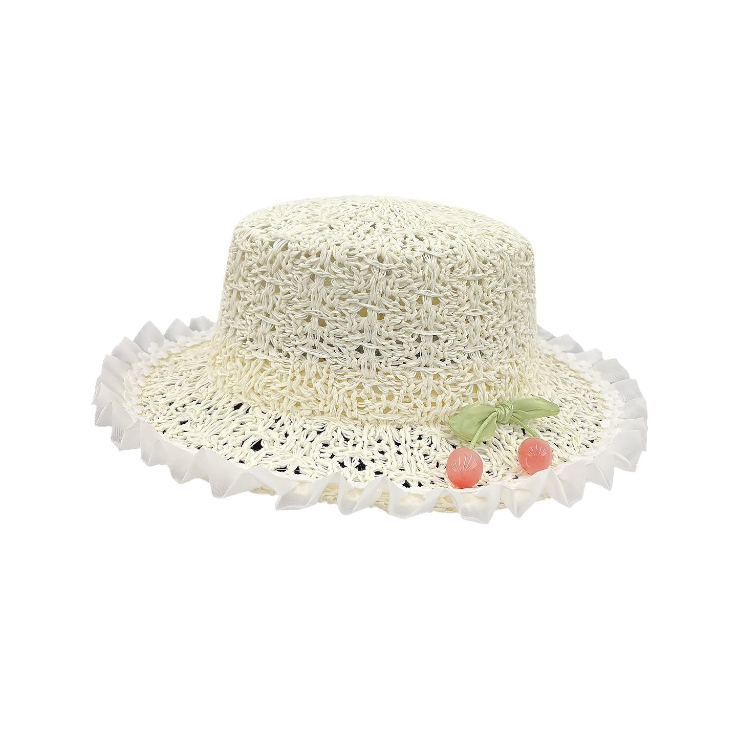 Women's Flat Top Straw Hat with Ruffled Brim and Cherry Detail for Sun Protection