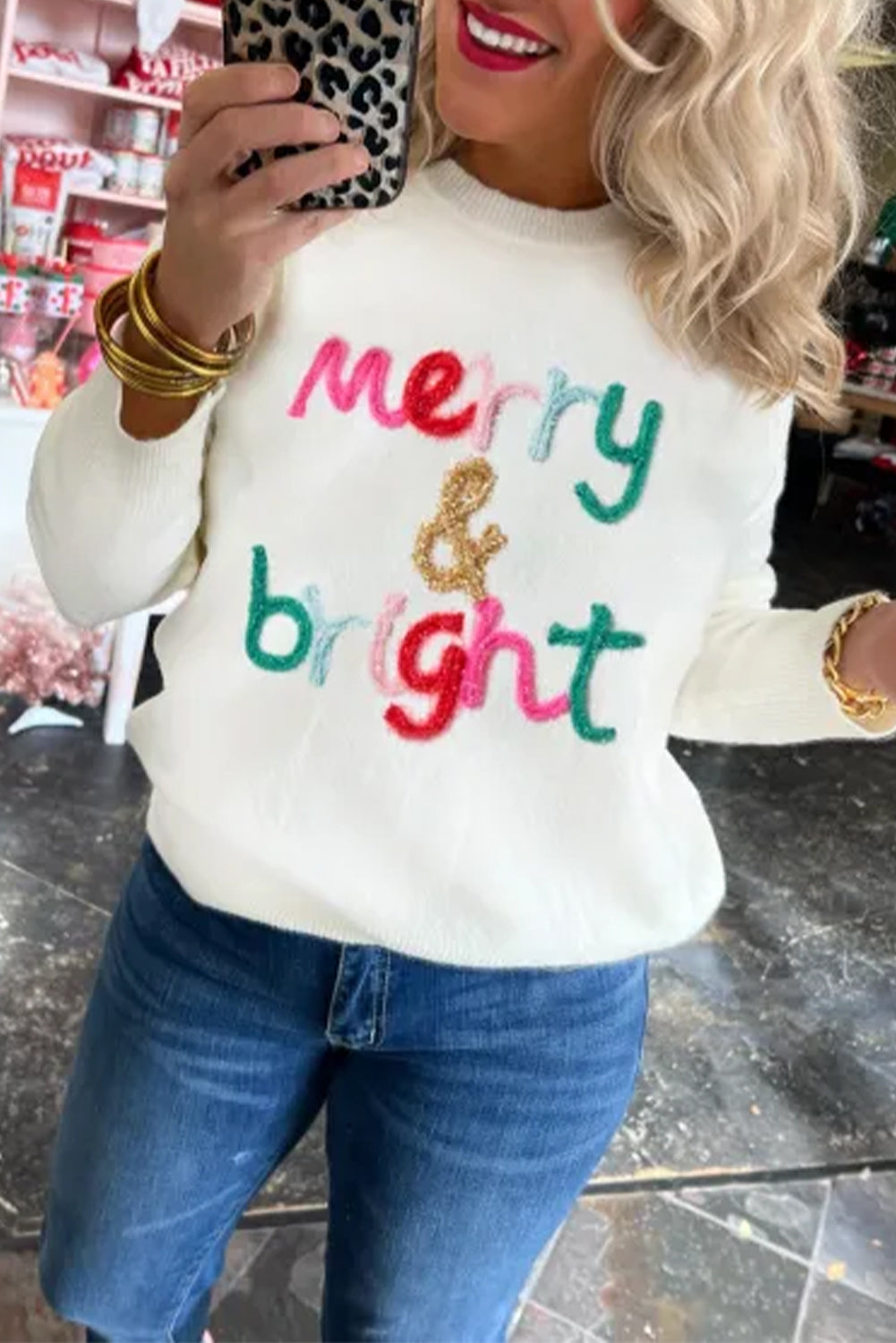 White Merry & Bright Round Neck Casual Sweater