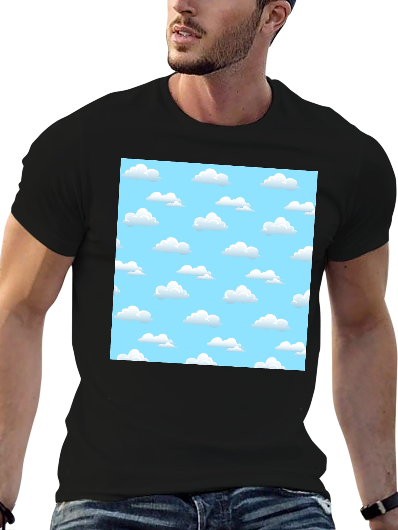 Cartoon Cloud Print Black T-Shirt