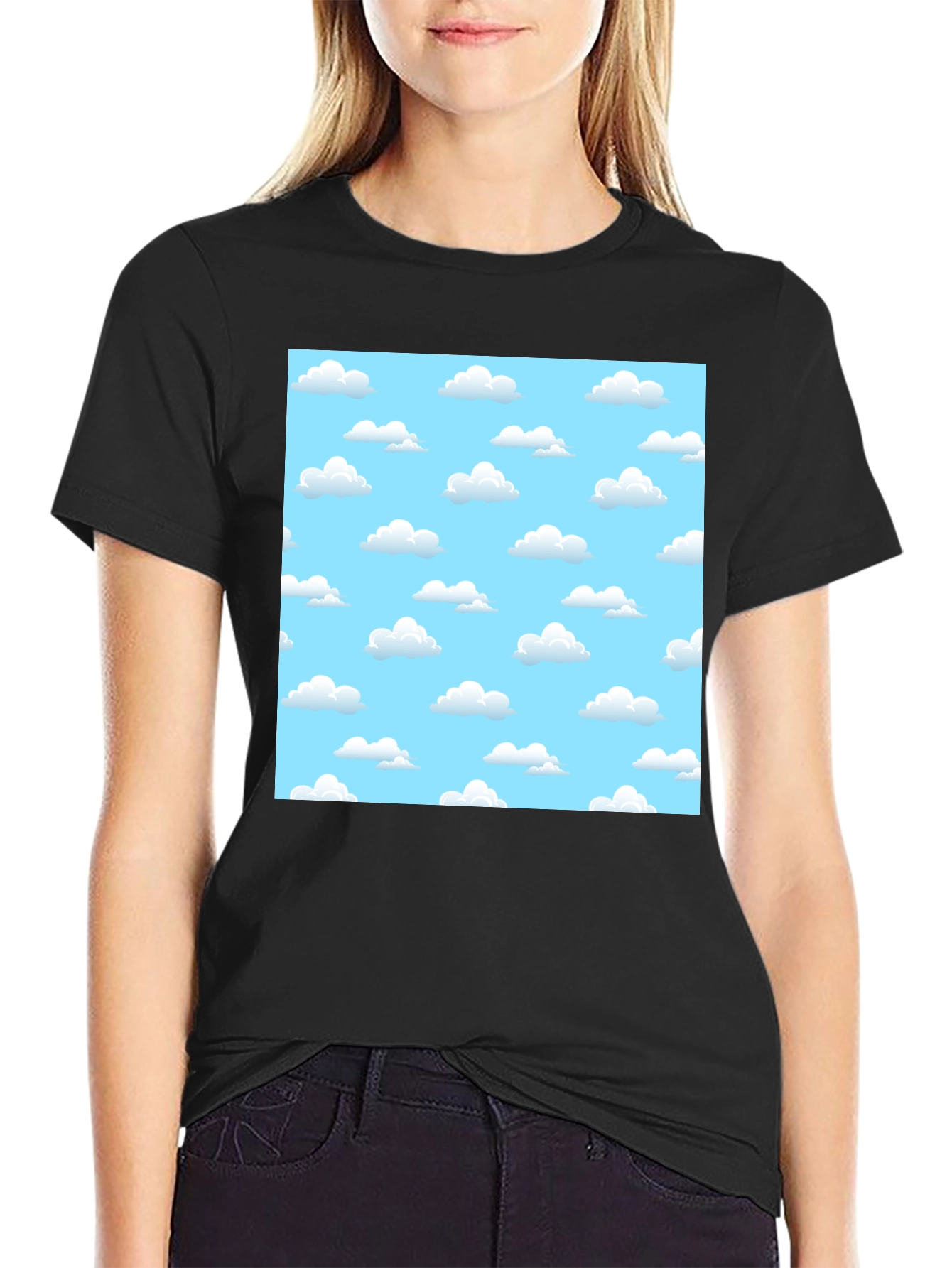 Cartoon Cloud Print Black T-Shirt