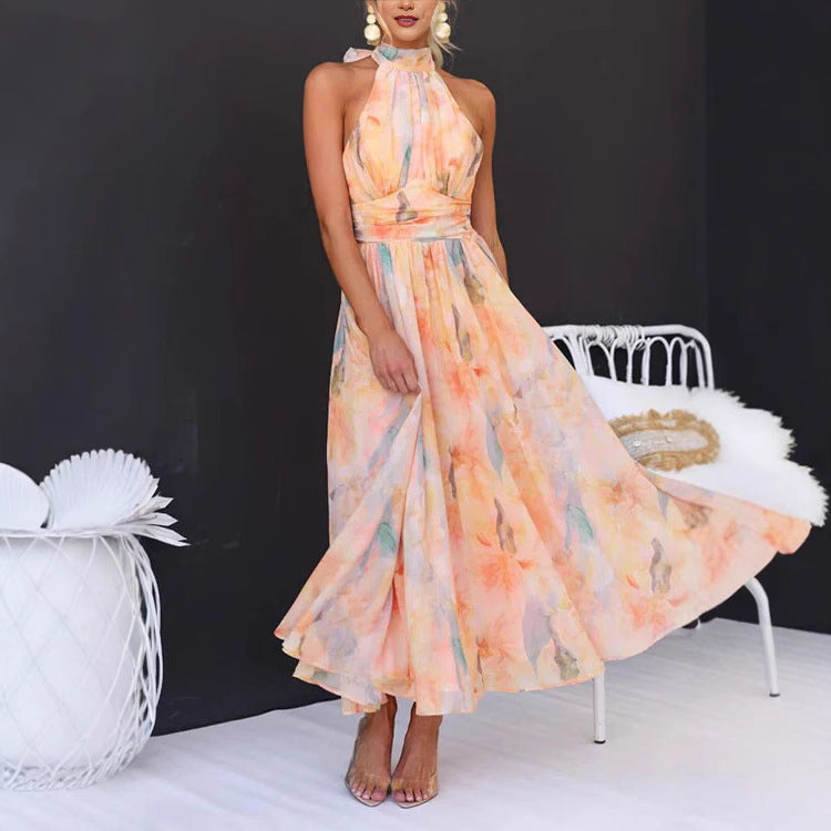 Women's Elegant Summer Multicolor Flower Printed Halter-Neck Backless Dress
