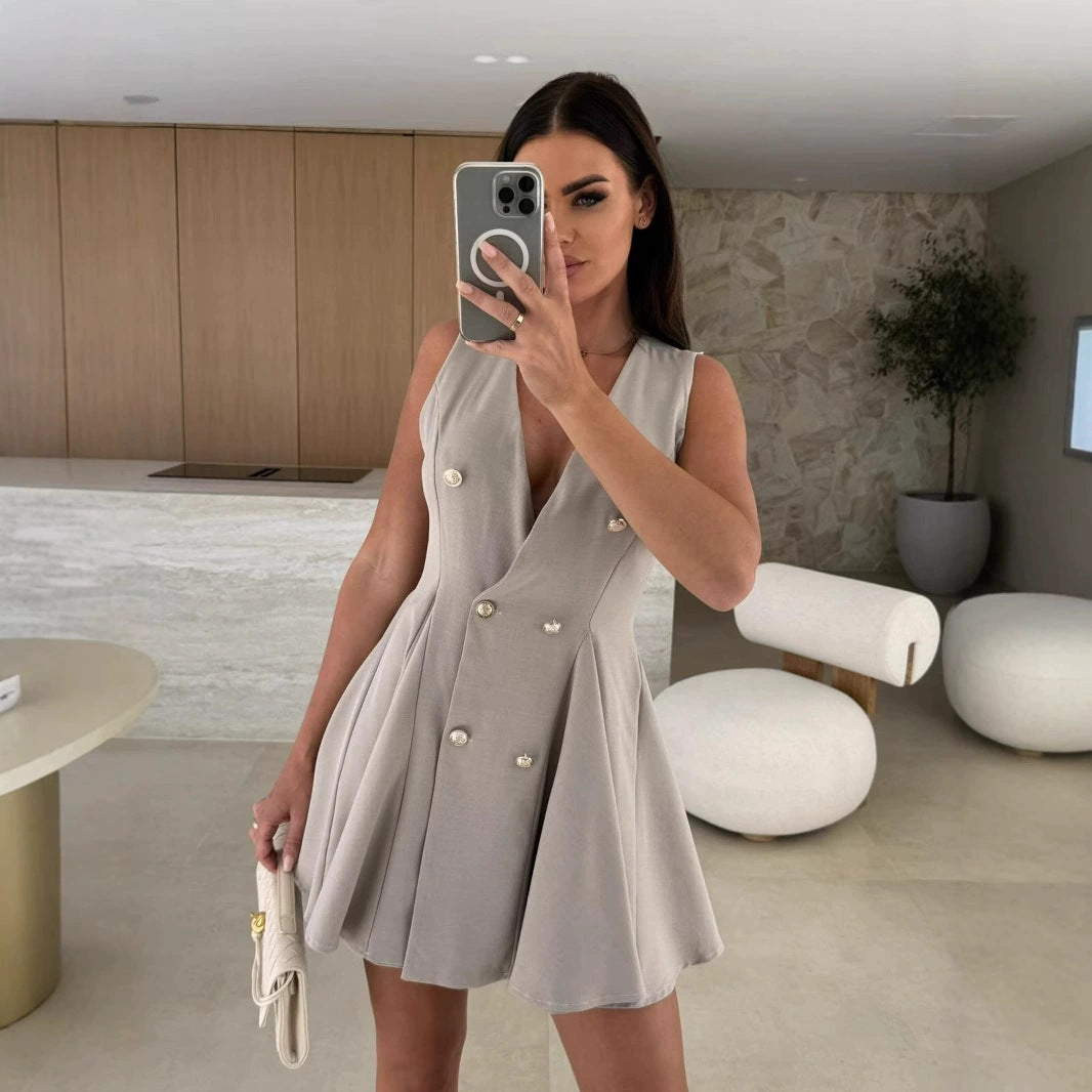 Women's Elegant Solid Color V-Neck Sleeveless High Waist Dress