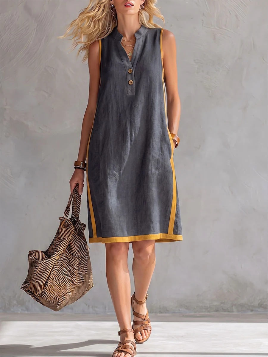 Women's Casual Summer Cotton Linen V-Neck Sleeveless Loose Dress