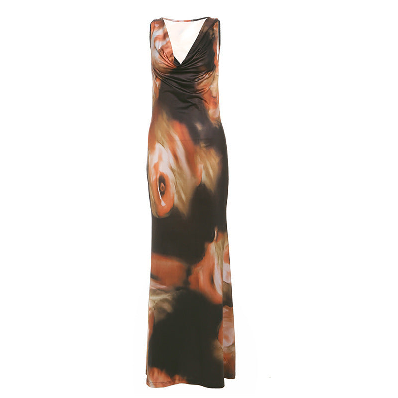 Women's Summer Vintage Cowl Neck Contrast Printed Sleeveless Maxi Dress