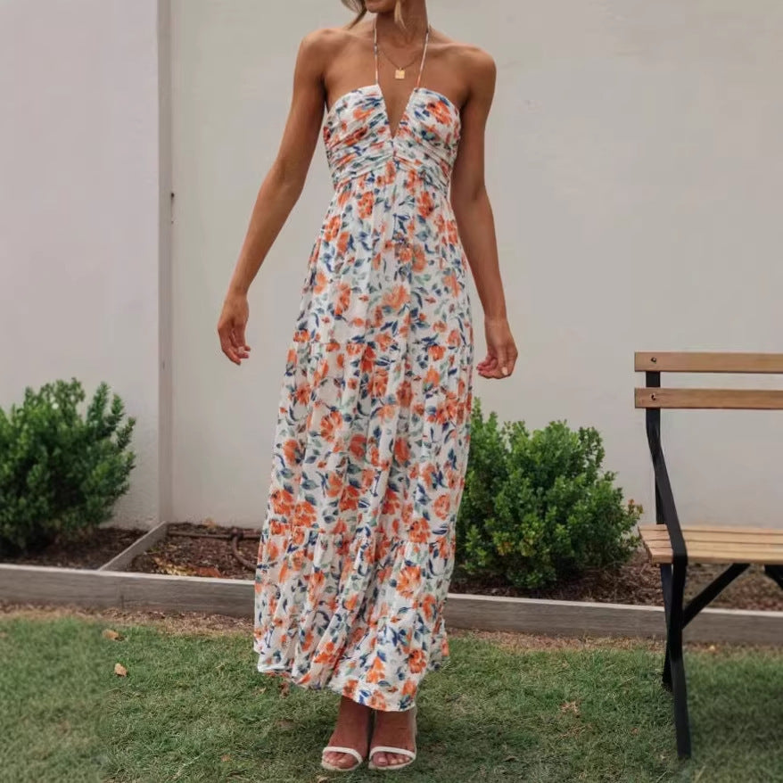 Women's Sexy Summer Flower Printed Halter-Neck V-Neck Sleeveless Loose Dress