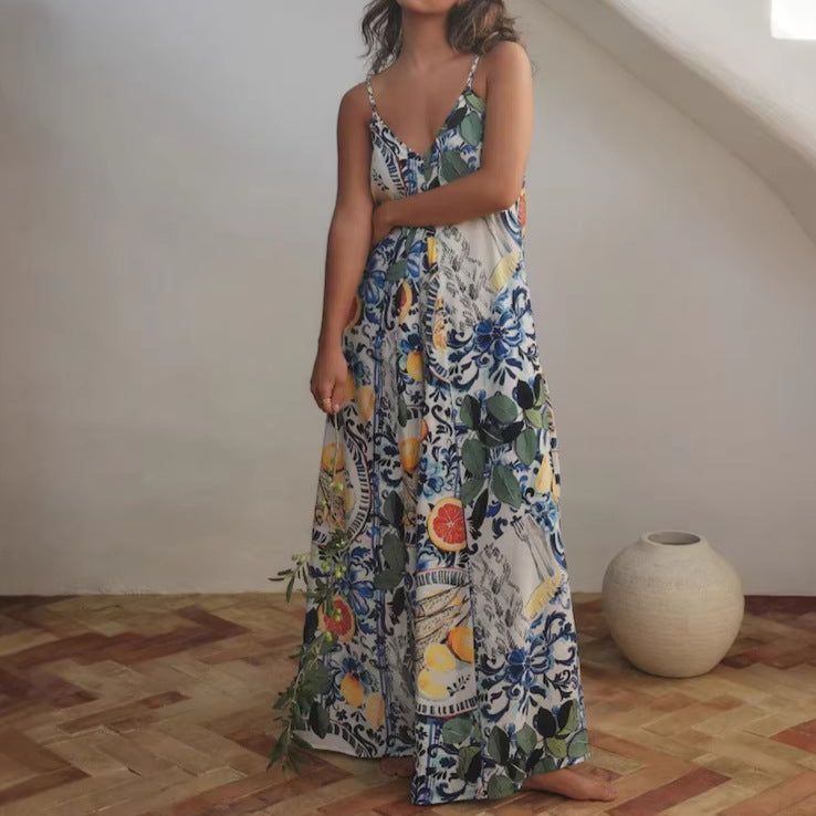 Women's Casual Vacation Printed V-Neck Spaghetti Strap Large Swing Dress