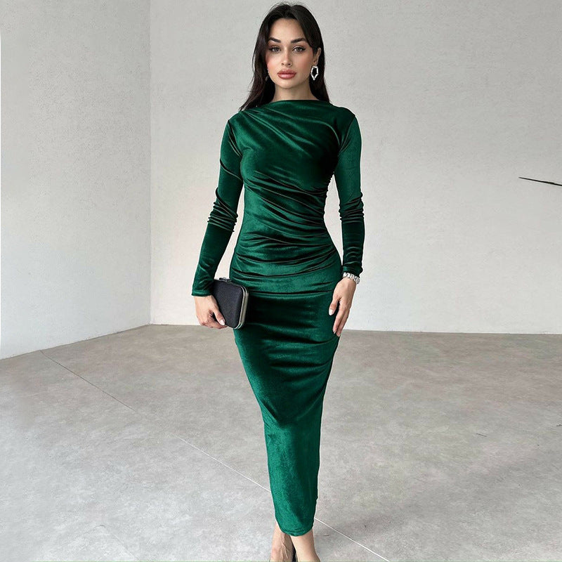 Women's Solid Color Wrinkle Resistant Crewneck Long Sleeve Slim Dress