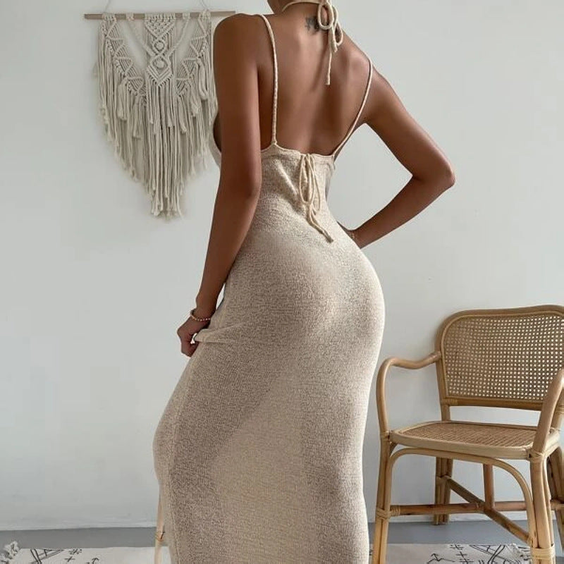 Women's Sexy Hollow Backless Spaghetti Strap Long Dress, Solid Color