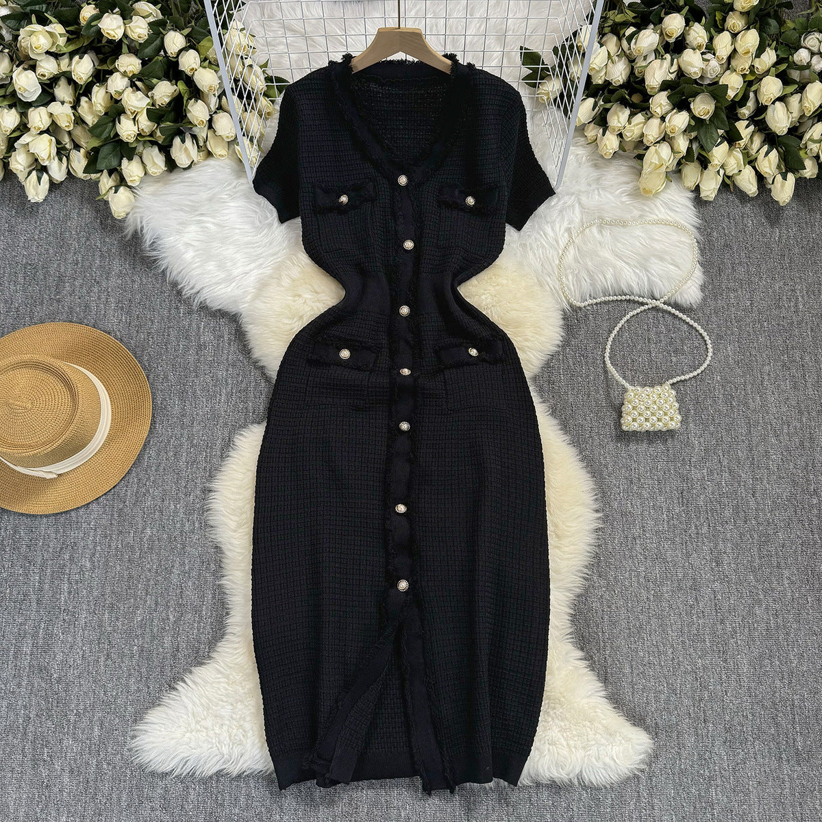 Women's Elegant V-Neck Short Sleeve Slim-Fit Knitted Dress