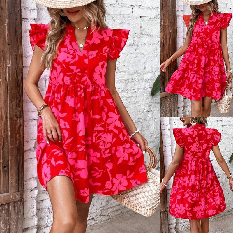 Summer Vacation Bohemian Style Women Casual Flower Motion Ruffle Midi Dress