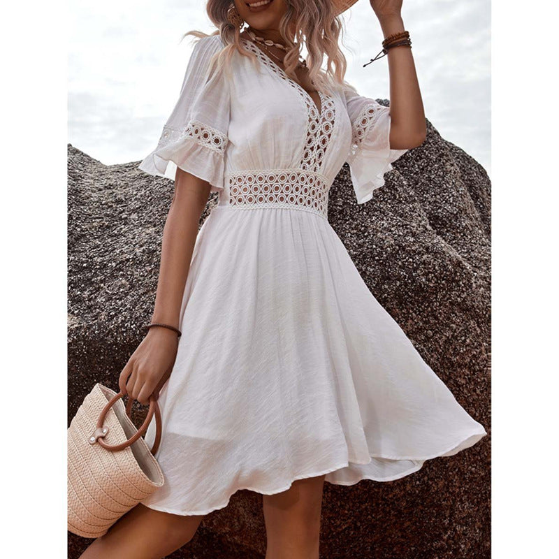 Women's Casual Boho Lace Stitching V-Neck Short Sleeve Hollow-Out Dress