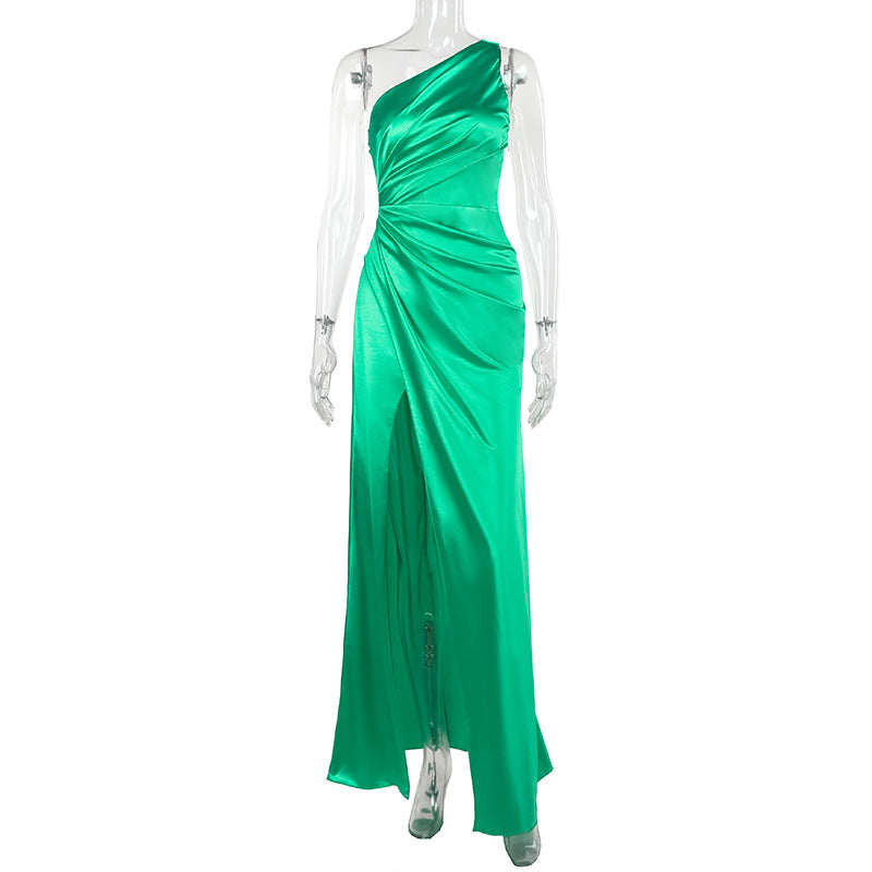 Women's Elegant Solid Color Side Split Oblique Shoulder Maxi Dress