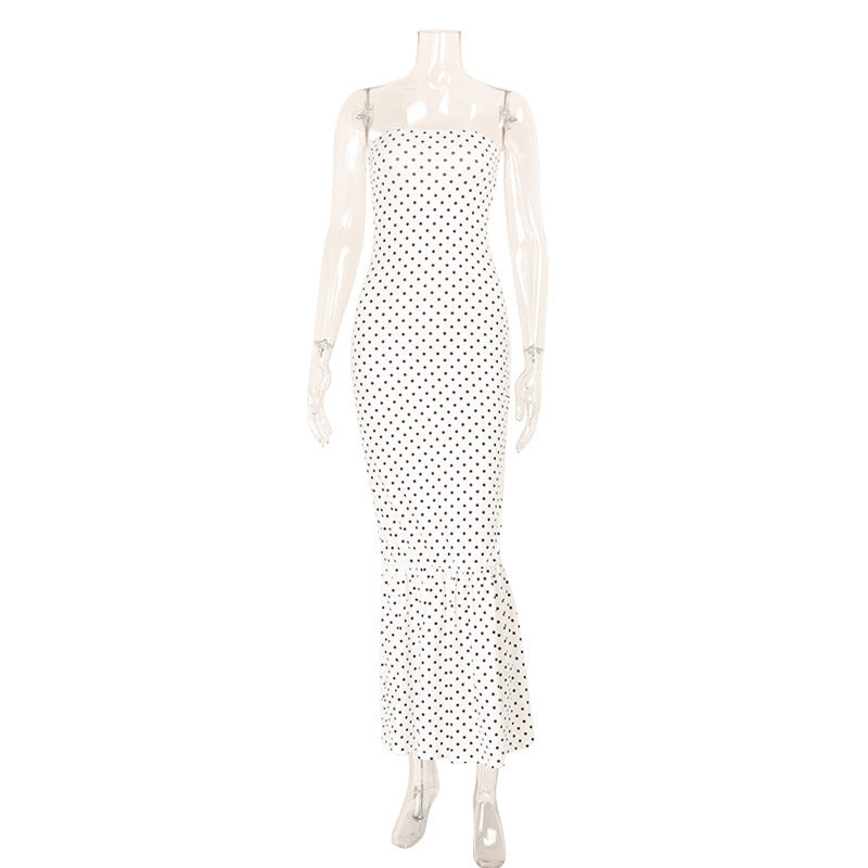 Women's Elegant Polka Dot Print Tube Top Pleated Dress