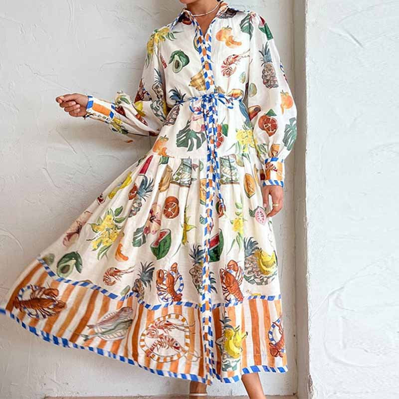 Women's Casual Fruit Floral Printed V-Neck Lantern Sleeve Midi Dress
