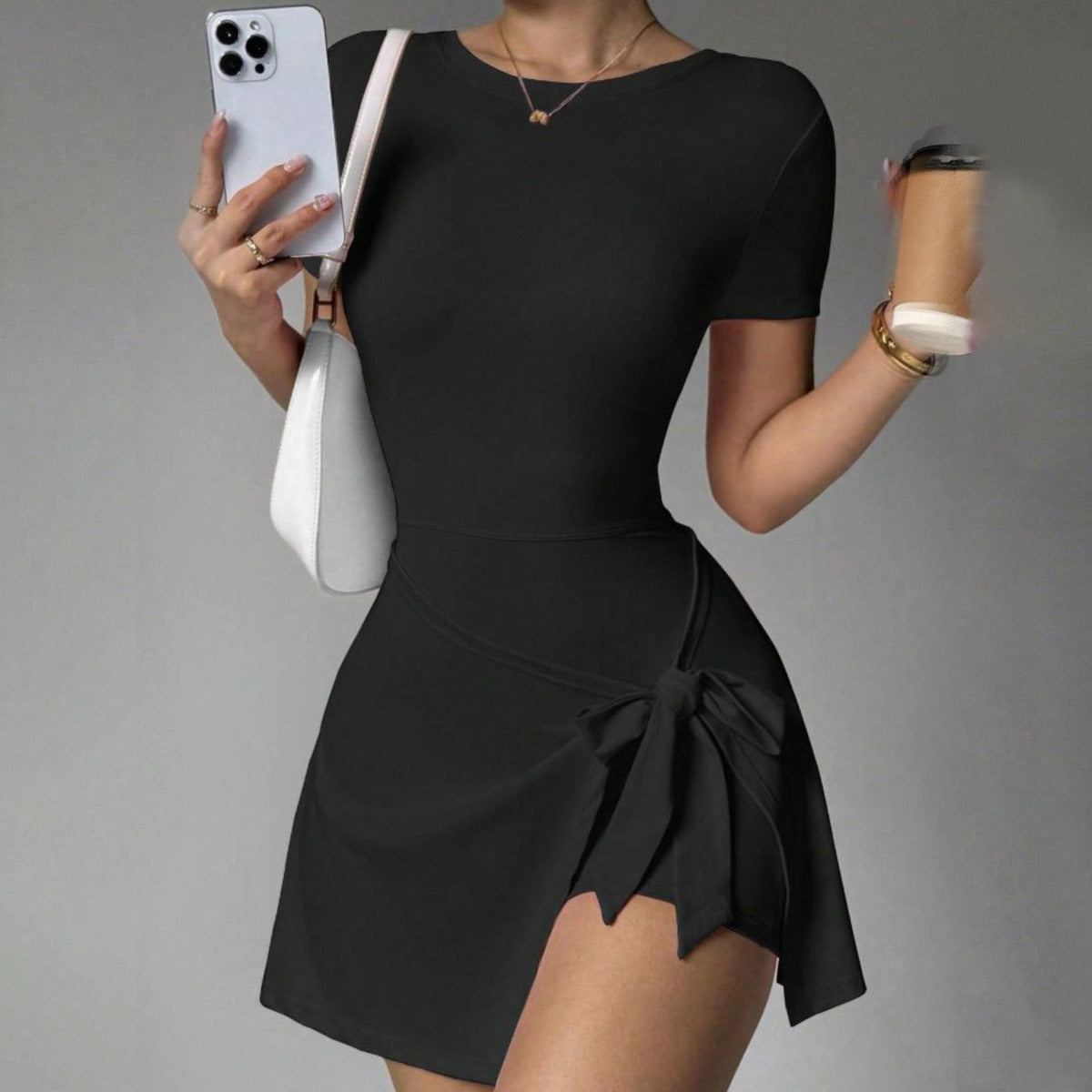 Women's Solid Color Fake Two-Piece Anti-Glare Short Sleeve Lace-Up Yoga Dress