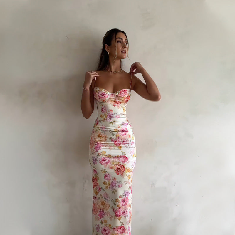Women's Sexy Elegant Flower Printed Spaghetti Strap Slim Fit Midi Dress