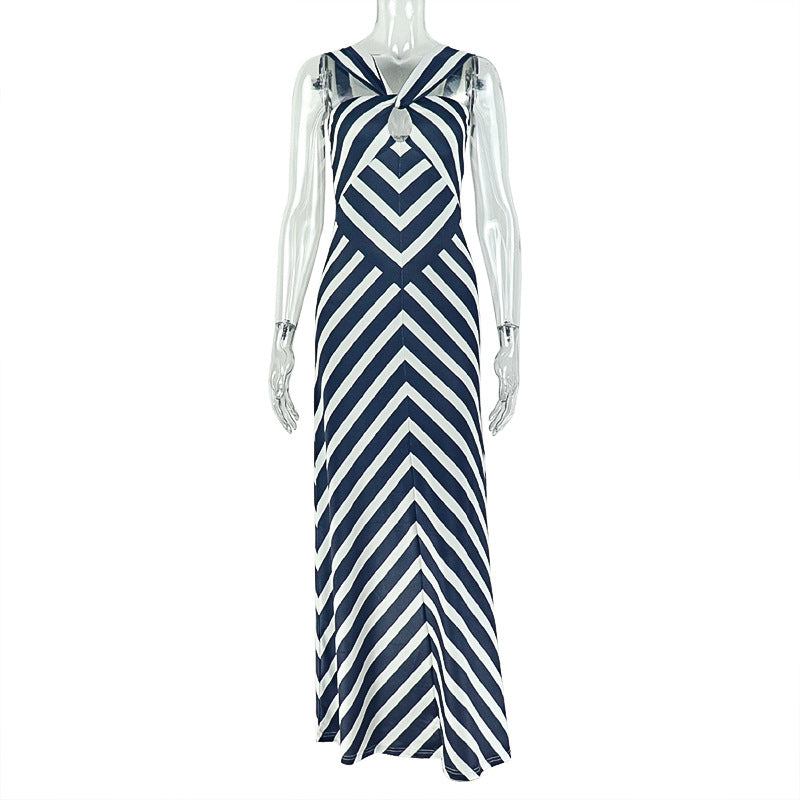 Women's Sexy Black White Stripe Printed V-Neck Hollow Sleeveless Dress