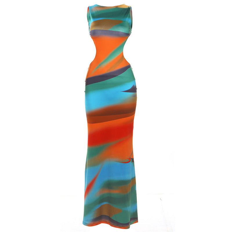 Women's Summer Printed Round Neck Sleeveless Cutout Backless Tight Maxi Dress