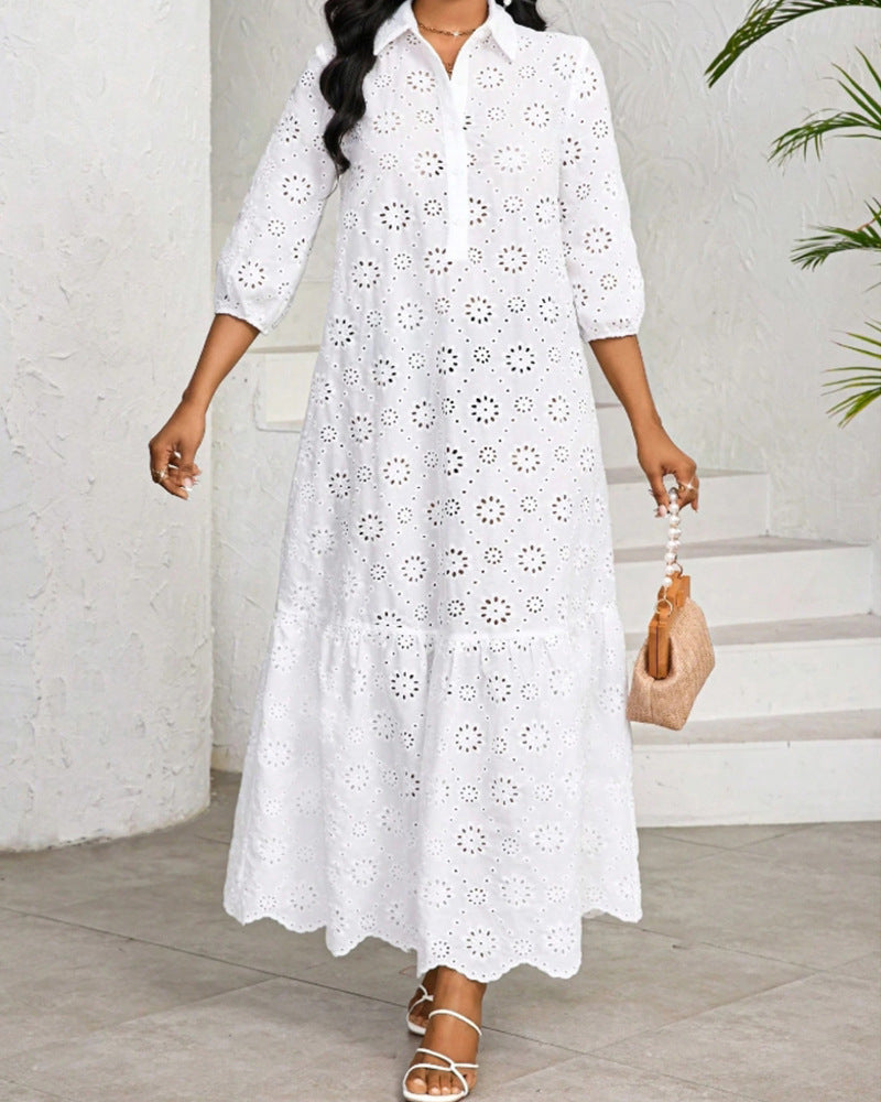 Women's Casual Summer Vacation Solid Color Hollow Out Short Sleeve Loose Dress