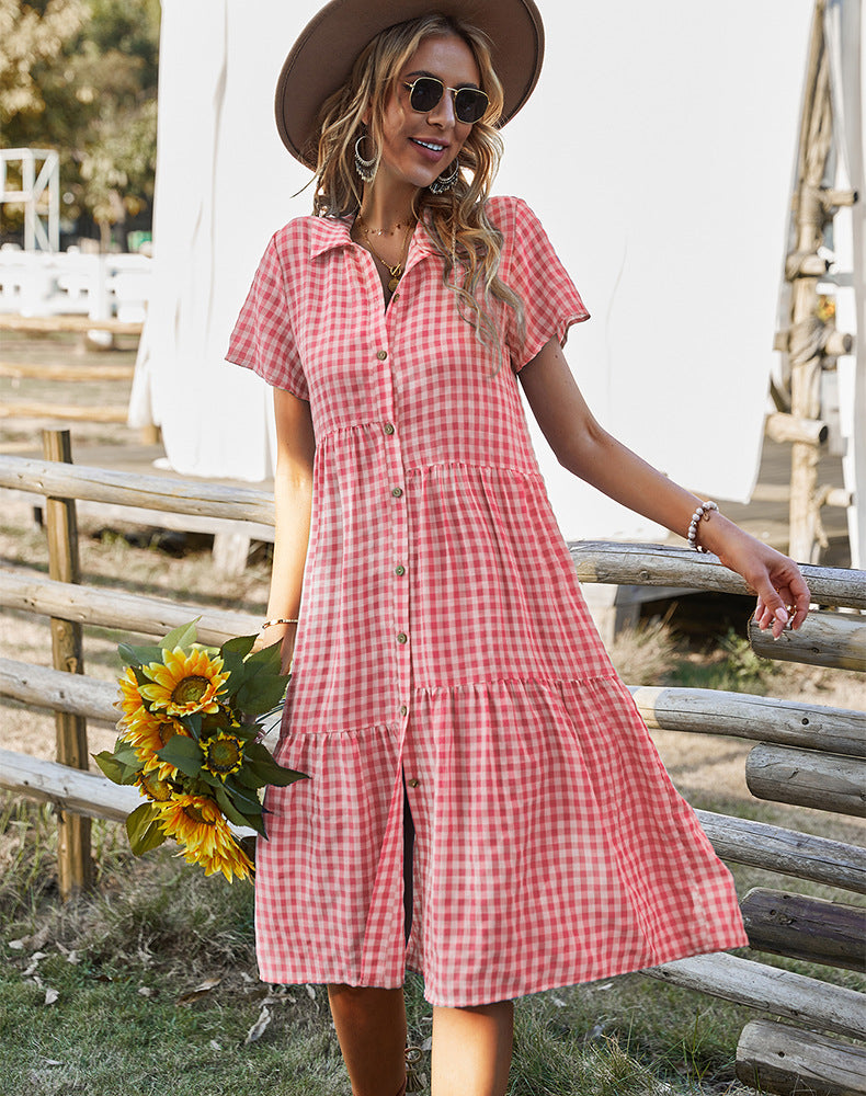 Women's Casual Plaid Single Breasted Lapel Short Sleeve Midi Dress
