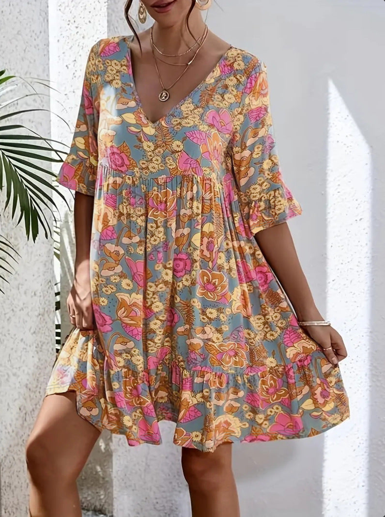 Women's Summer Casual V-Neck Floral Print Bohemian Dress