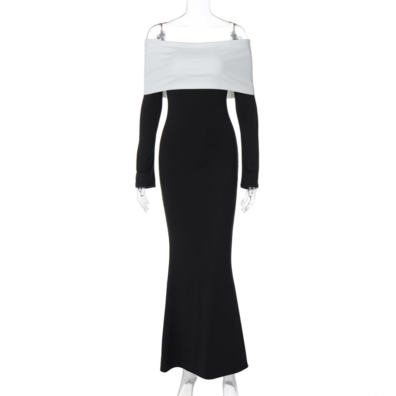 Women's Color Contrast Shoulder Long Sleeve Bodycon Maxi Dress