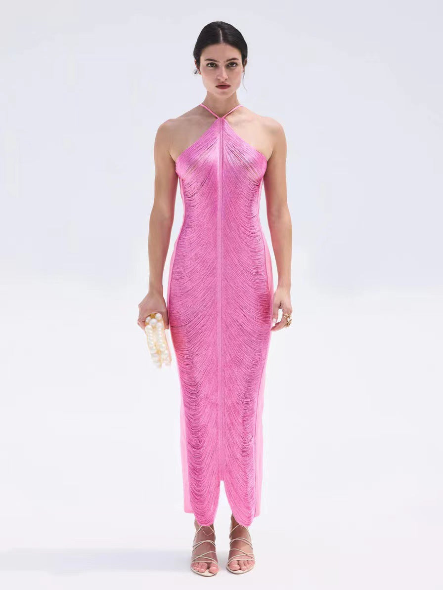 Women's Tassel Back Slit Halter Neck Evening Party Maxi Dress