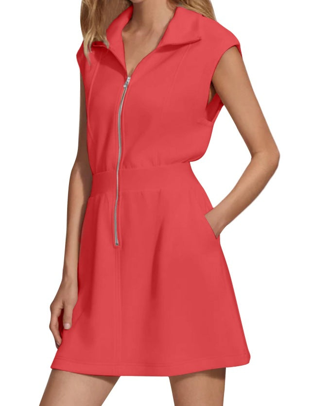 Women's Casual Solid Color Lapel Zipper Pocket Sleeveless Dress