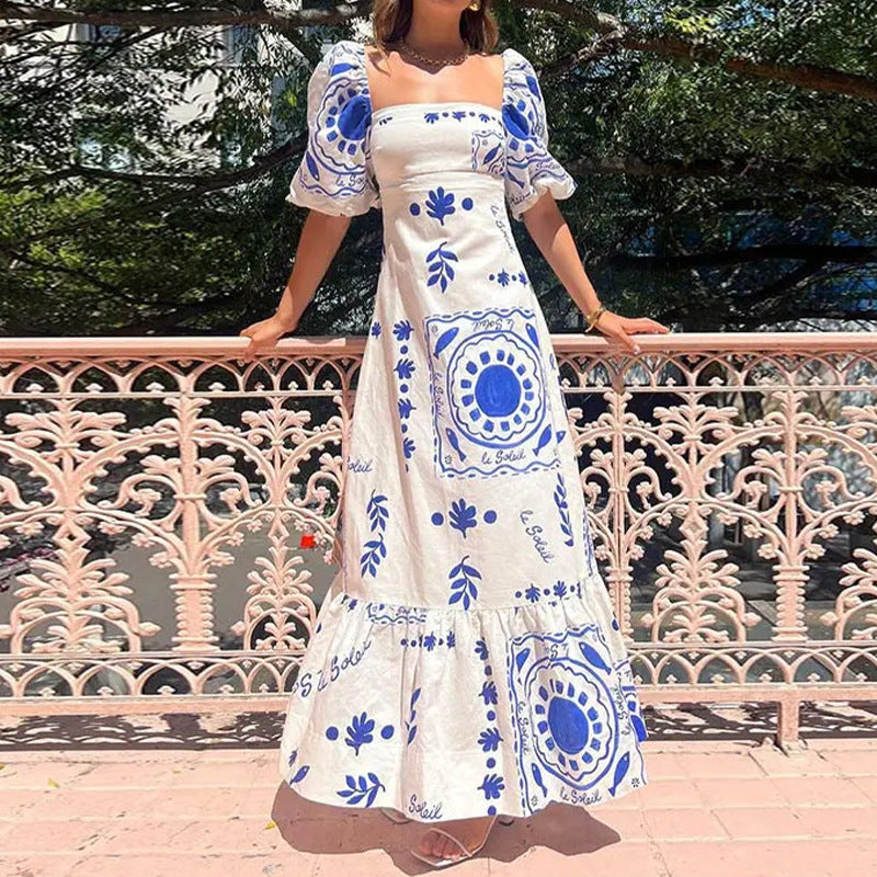 Women's Casual Summer Printed Puff Sleeve Tight Waist Dress