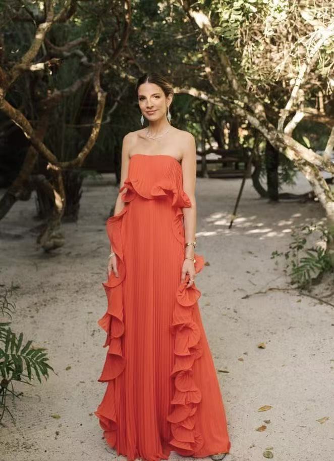 Women's Holiday Solid Color Tube Top Pleated Maxi Dress