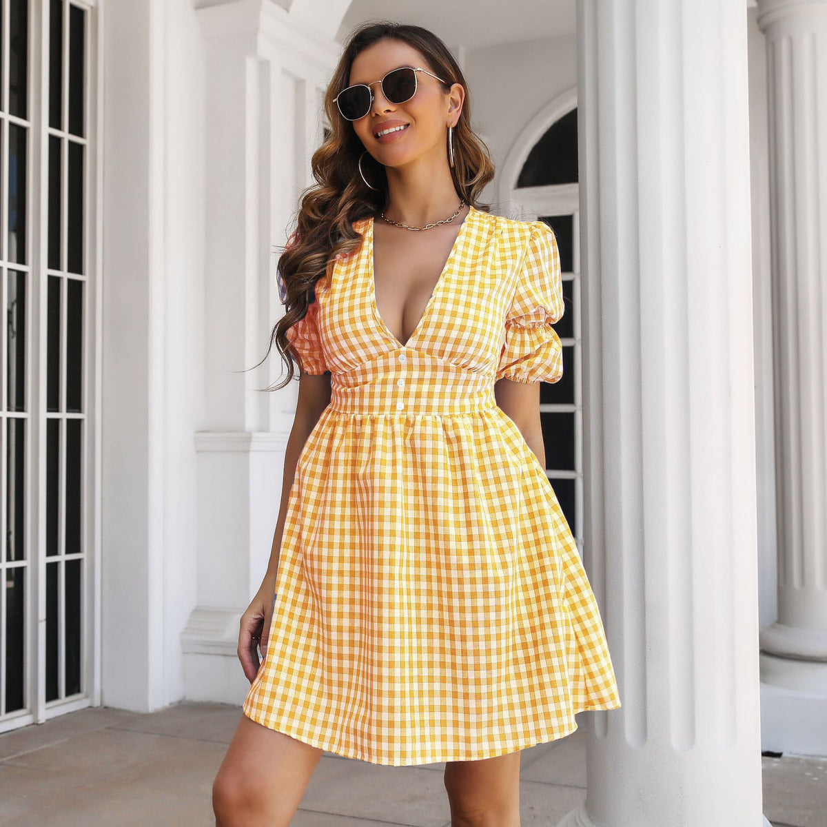 Women's Casual Summer Plaid Deep V-Neck Puff Sleeve A-Line Dress