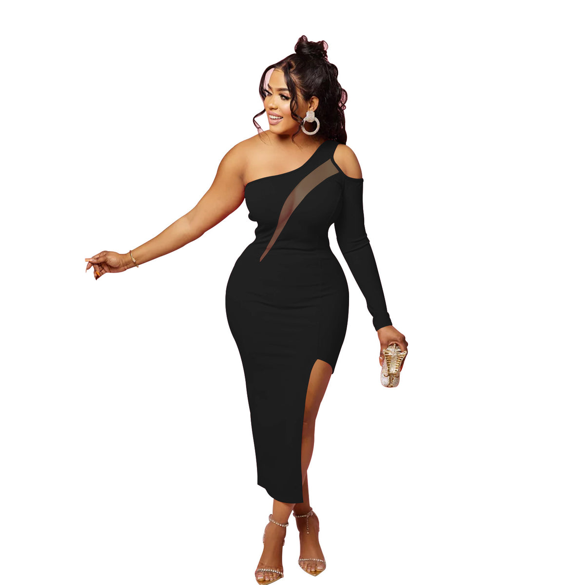 Women's Solid Color Slant Shoulder Mesh Bodycon Dress