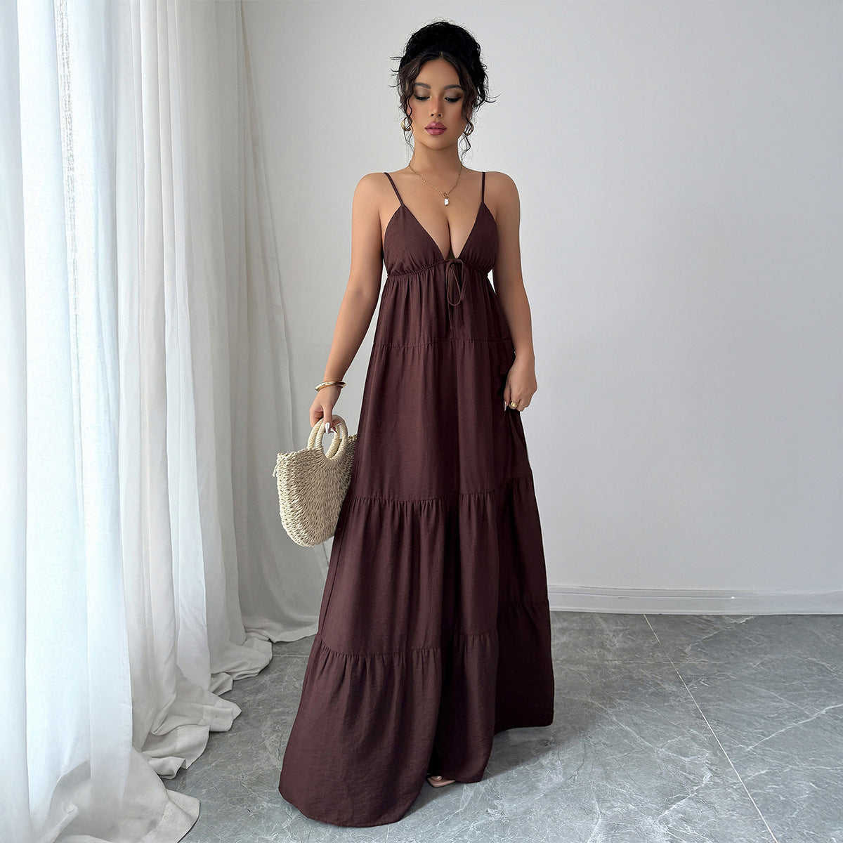Women's Elegant Solid Color Spaghetti Strap Loose Dress