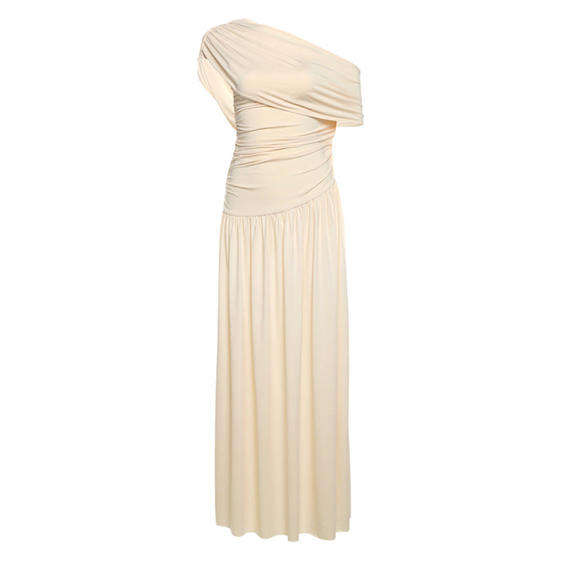 Women's Elegant Solid Color Slant Collar Off-Shoulder Waist Dress