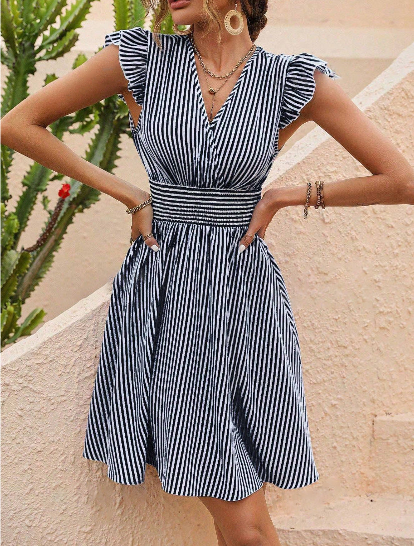 Women's Stripe Print Ruffled Sleeve A-Line Dress