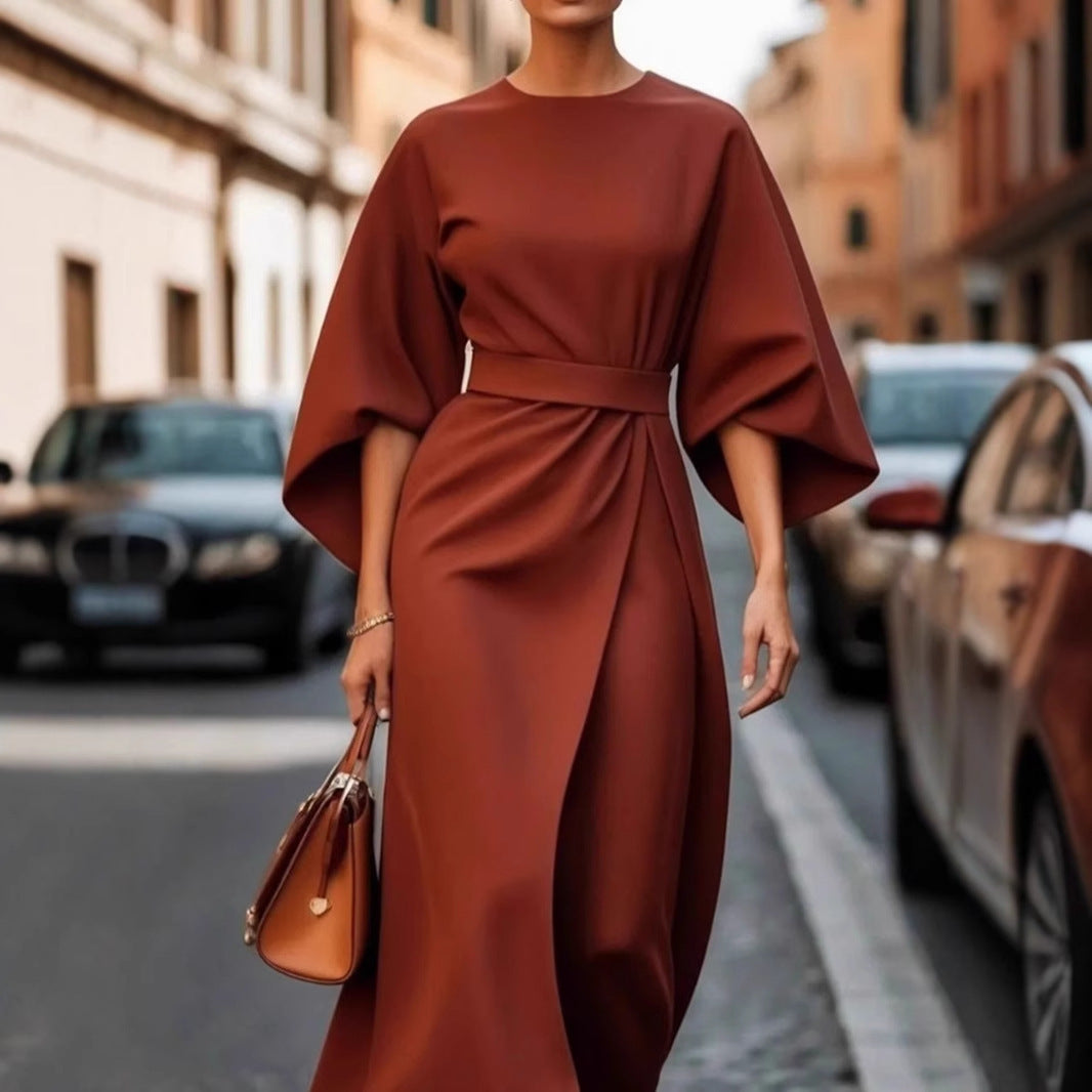 Women's Elegant Solid Color High Waist Bat Sleeve Dress