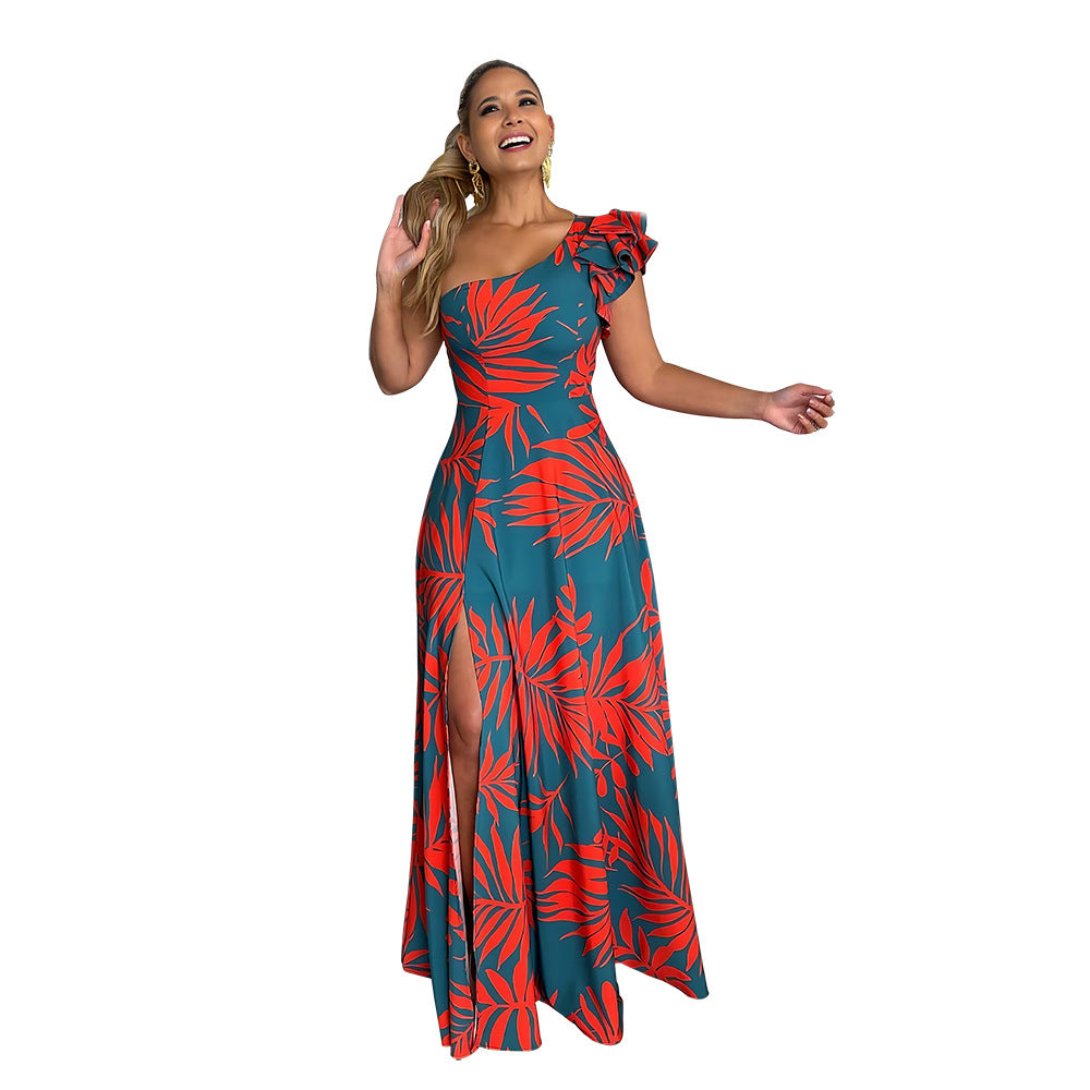 Women's Sexy Printed Slanted Shoulder Short Sleeve Split Dress