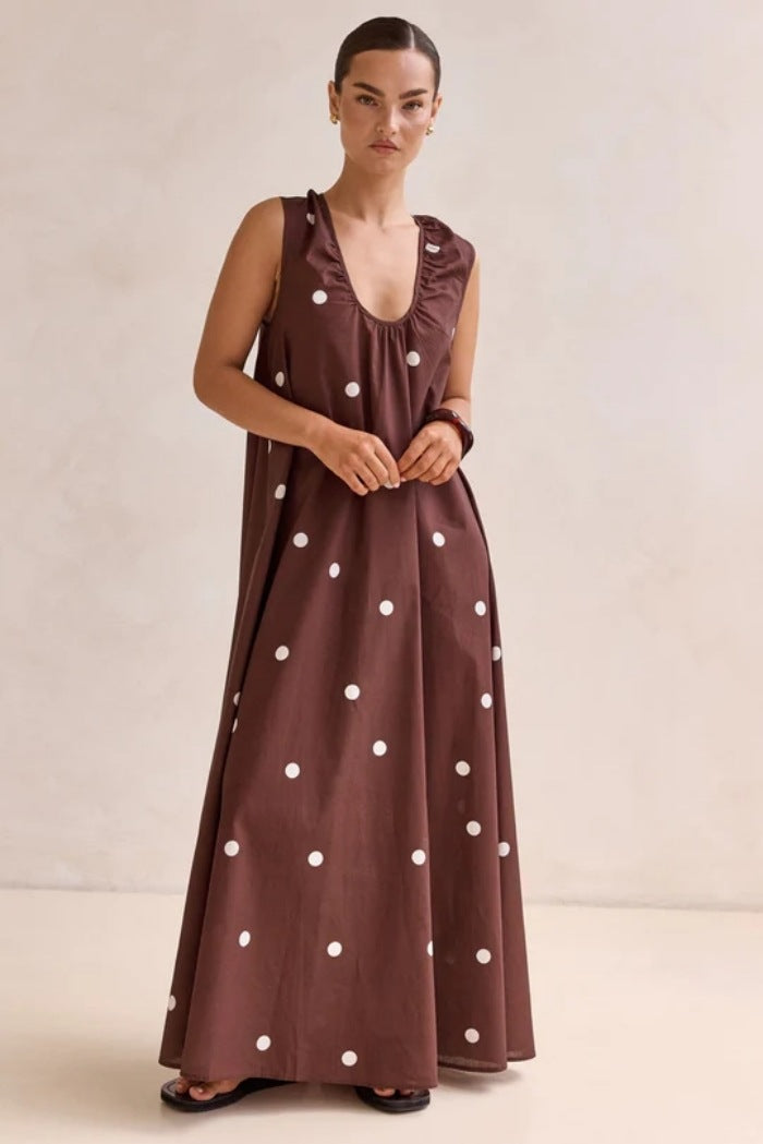 Women's Casual Summer Polka Dot Print U-Neck Sleeveless Large Swing Loose Dress