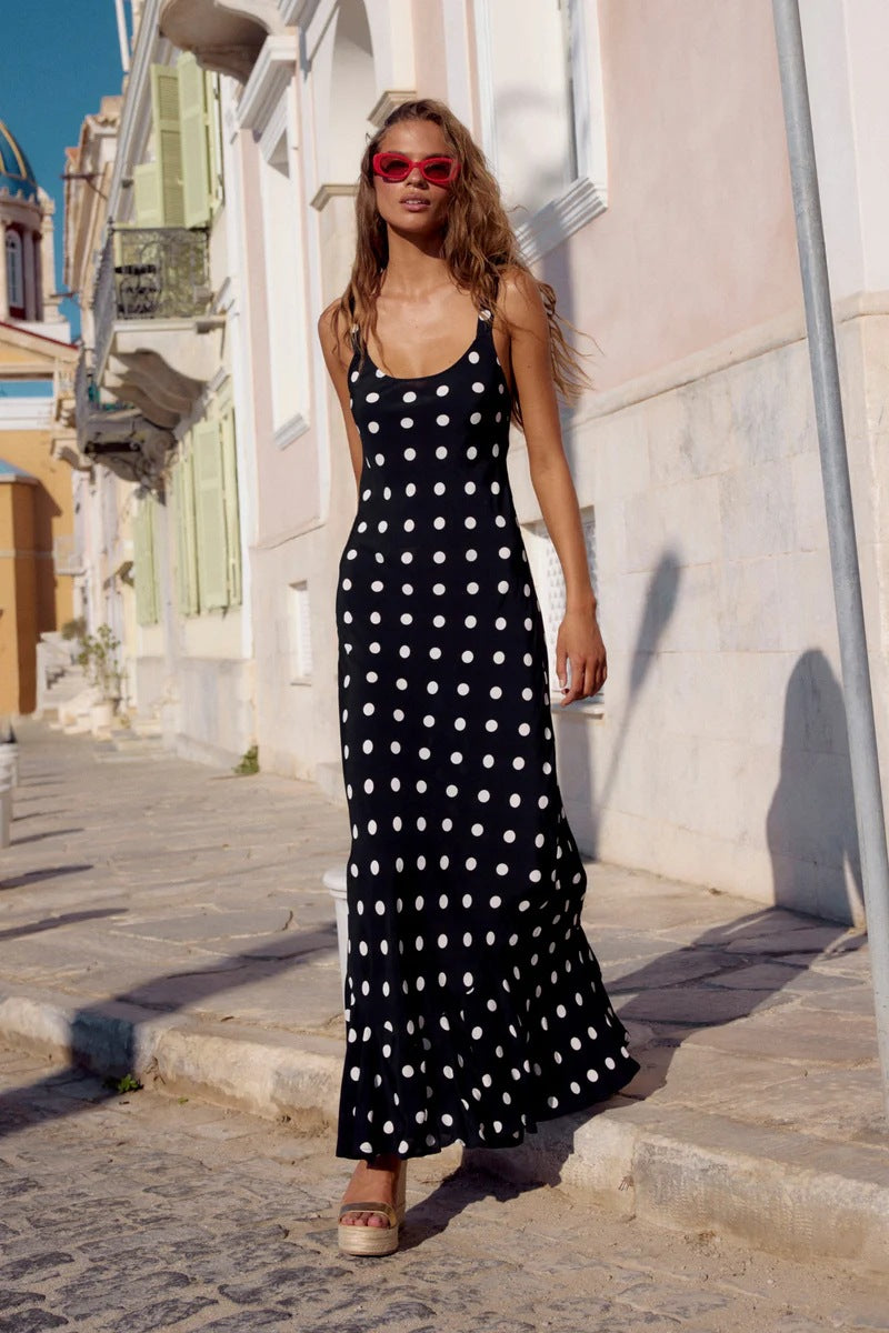Women's Sexy Summer Polka Dot Print Sleeveless Tight Waist Dress