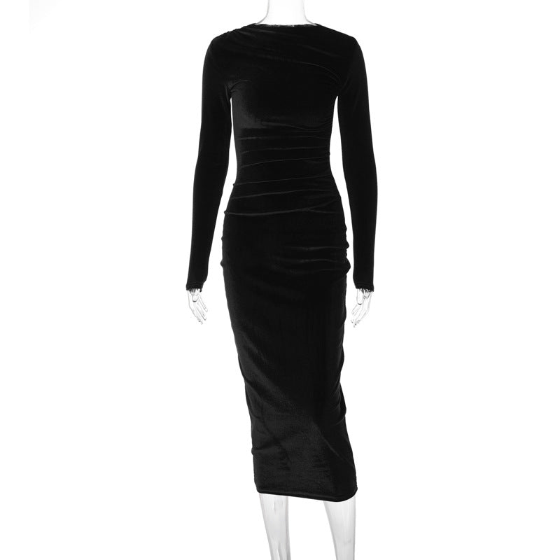 Women's Solid Color Pleated Long Sleeve Bodycon Midi Dress