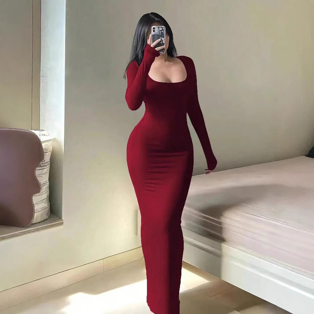 Women's Autumn Winter Slim-Fit Square Neck Long Sleeve Solid Color Maxi Dress