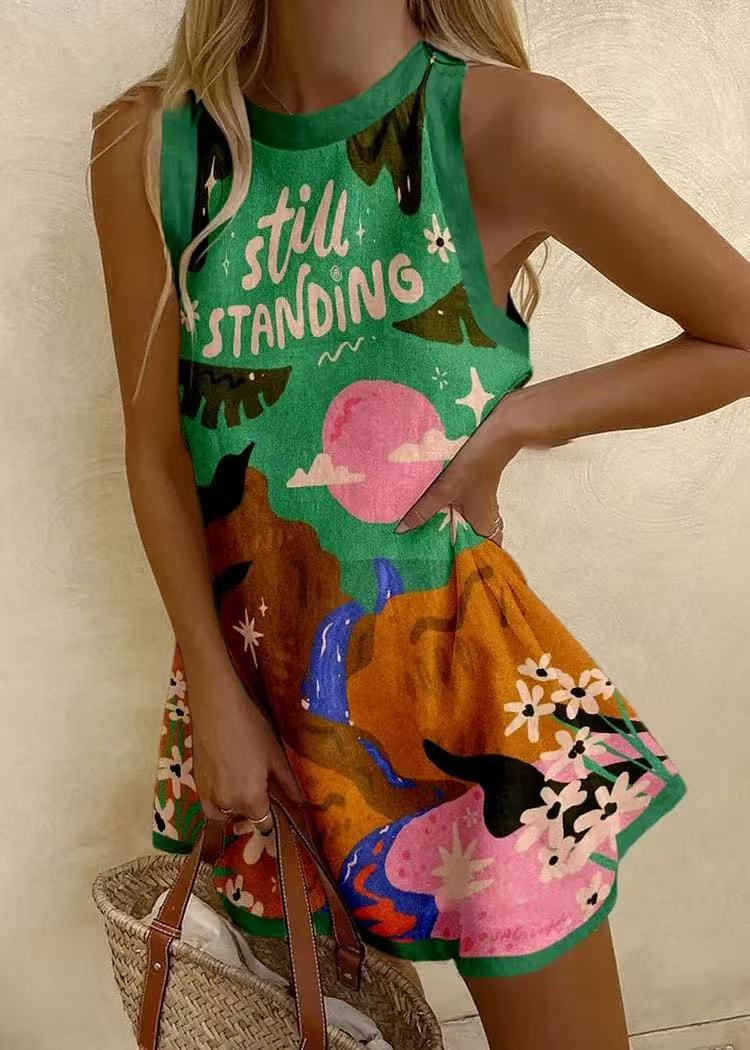Women's Casual Printed Bubble Wrinkle Dress, Summer Vacation