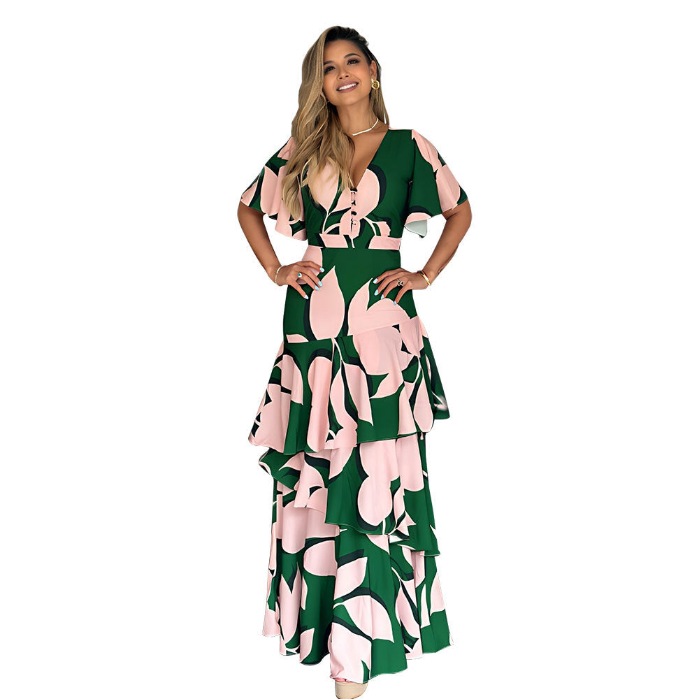 Women's Casual Summer Irregular Printed V-Neck Short Sleeve Button Dress
