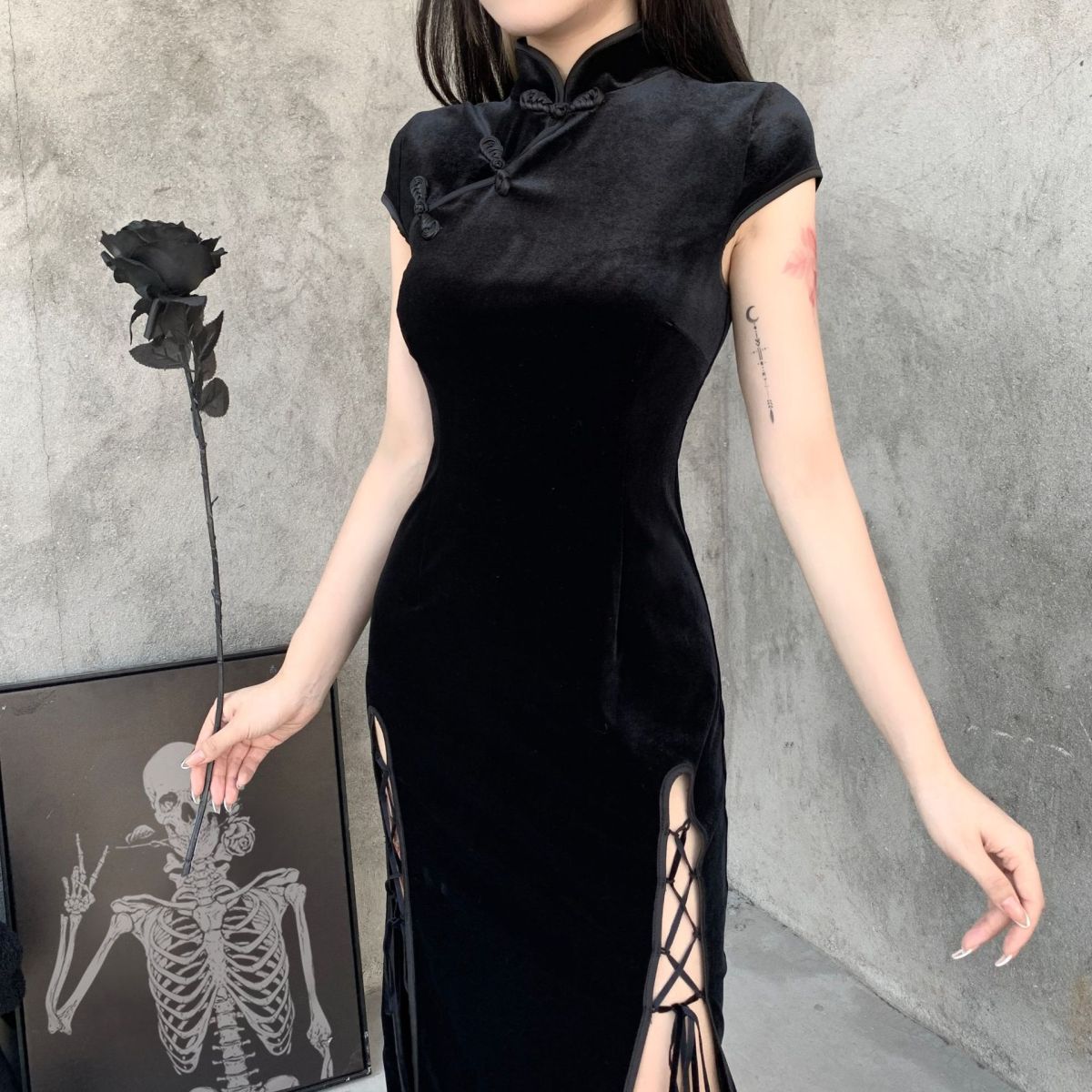 Women's Sexy Dark Gothic Split Strap Cheongsam Dress