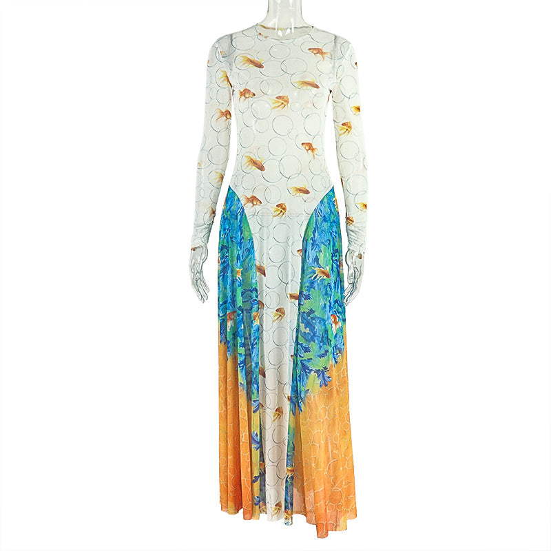 Women's Sexy Patching Printed Long Sleeve Loose Dress