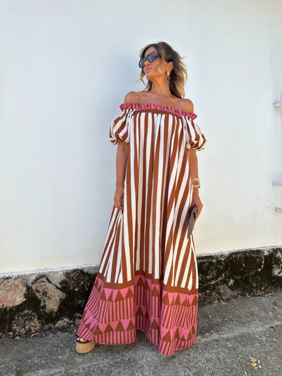 Women's Casual Summer Stripe Print Off-The-Shoulder Puff Sleeve Loose Long Dress