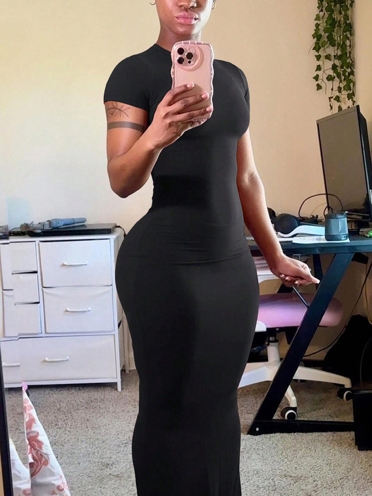 Women's Sexy Solid Color Short Sleeve Slim Fit Maxi Dress